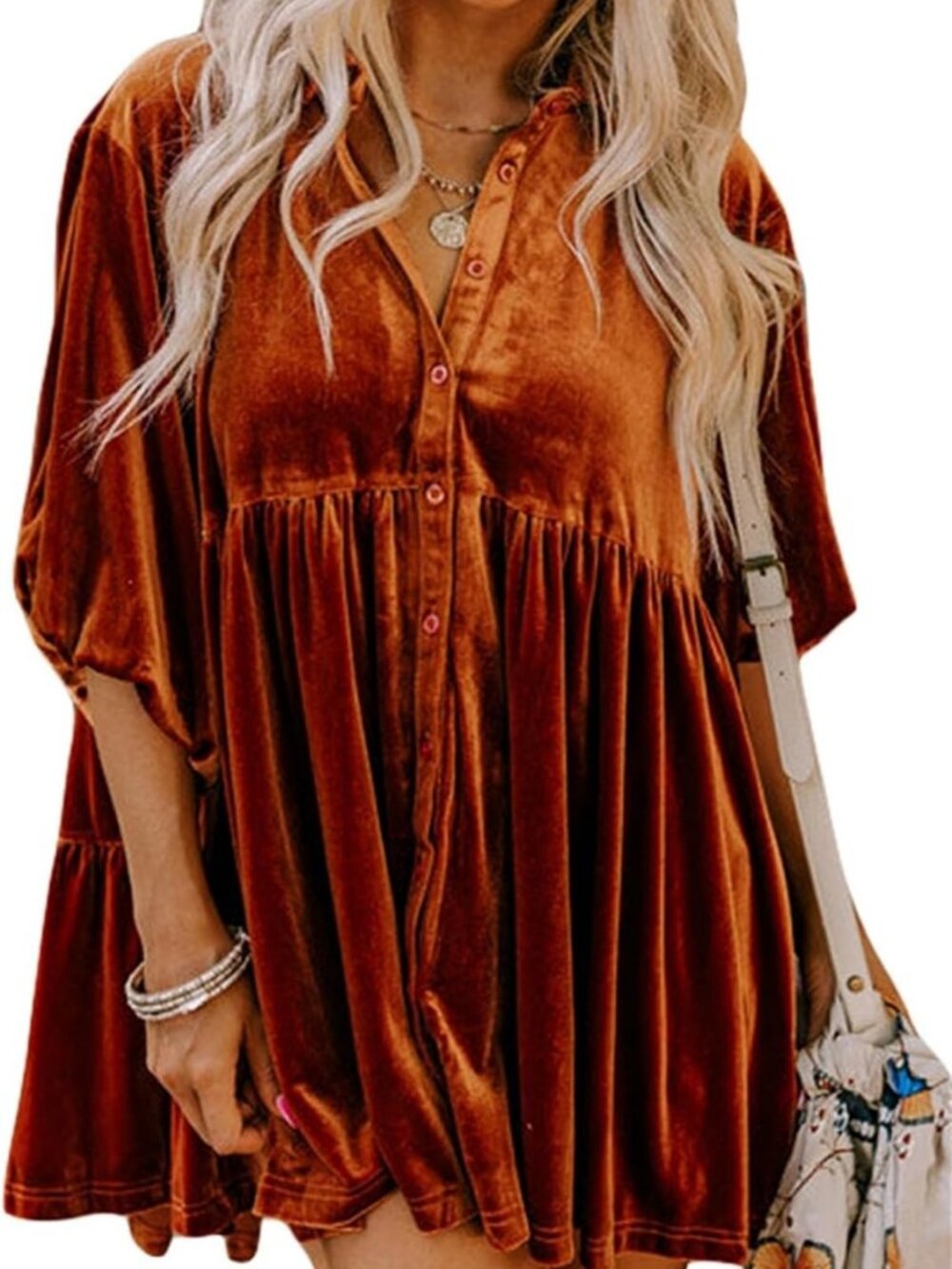 Velvet Button Down T-Shirt Dress | 3/4 Sleeve Casual Tunic Babydoll Mini Dress